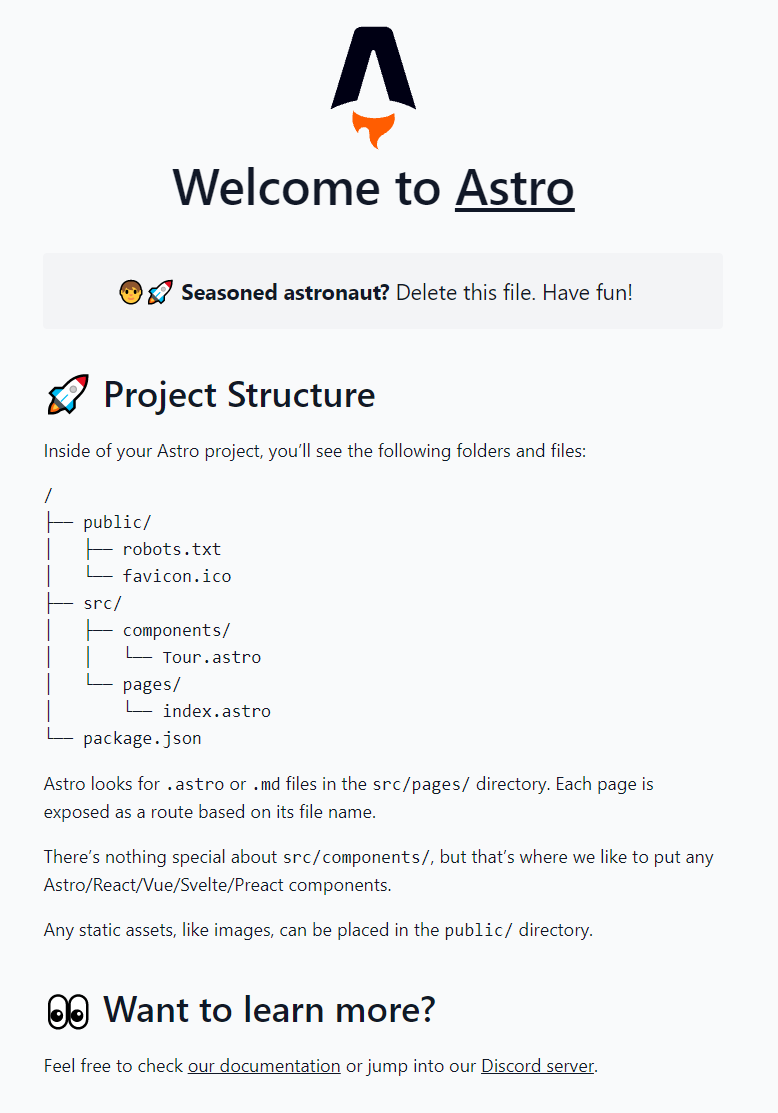 Webpage showing Welcome to Astro.